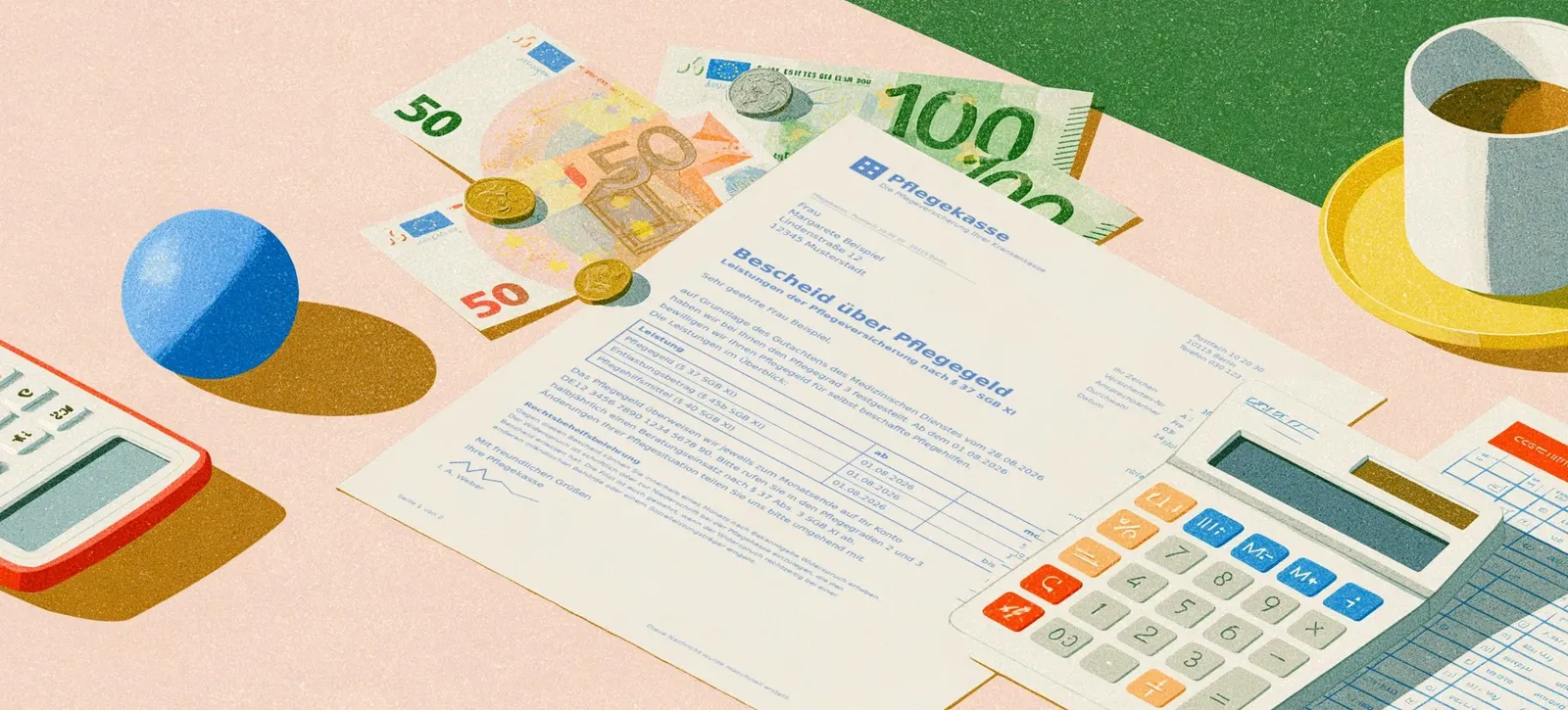 Illustration: Euro-Scheine und Münzen, ein Bescheid der Pflegekasse über Pflegegeld und ein Taschenrechner auf einem Tisch.