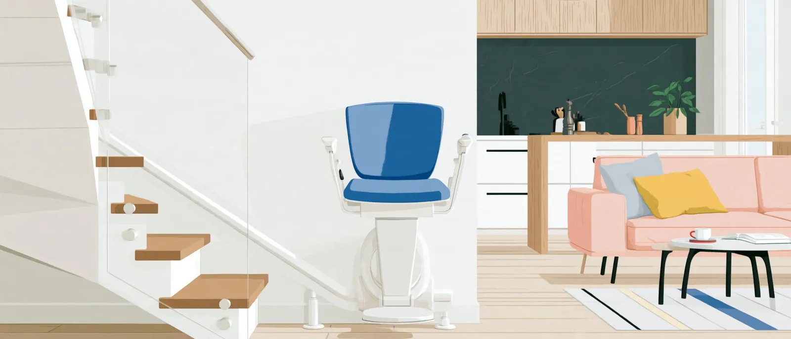 Illustration: Treppenlift mit blauem Sitz am Fuß einer Treppe, daneben eine offene Küche und ein Sofa.
