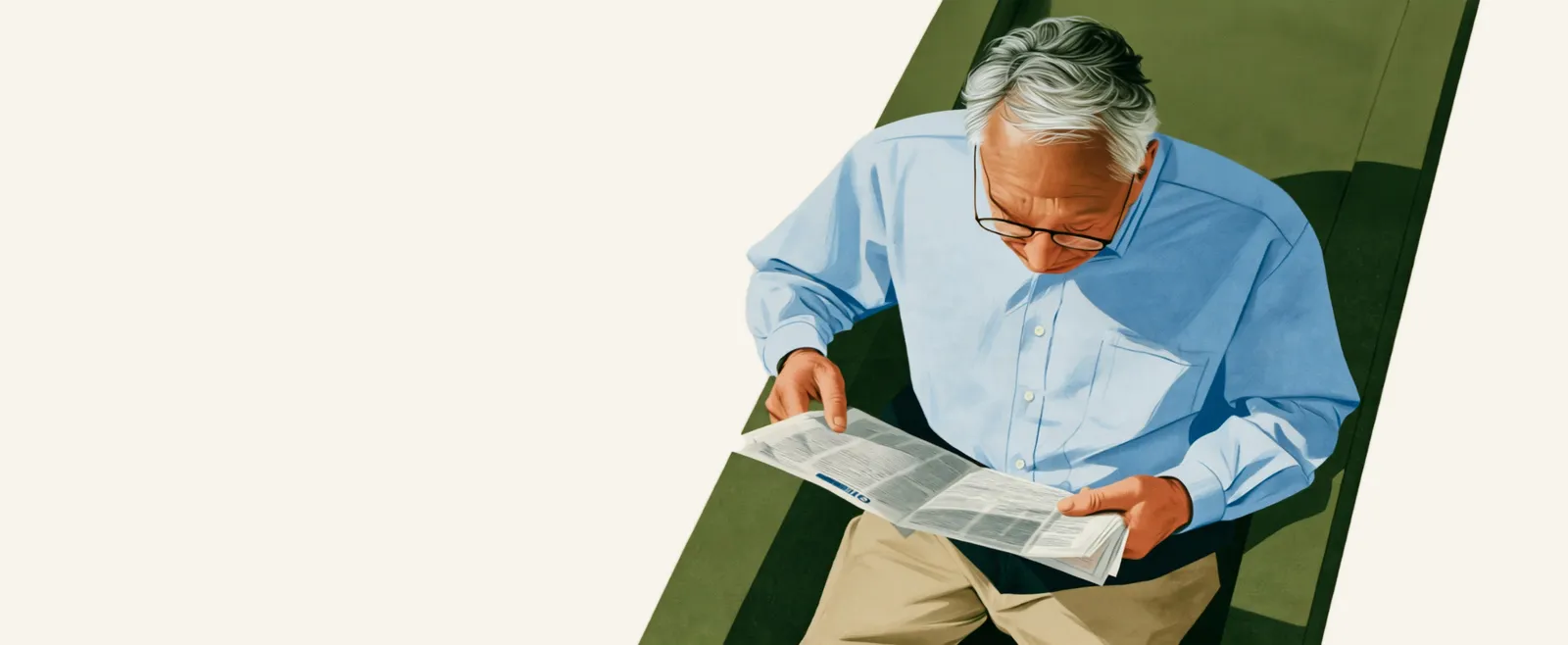 Illustration: Ein älterer Mann liest auf einem grünen Sofa Zeitung.