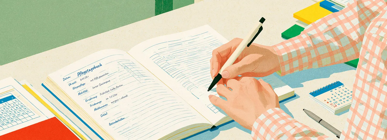 Illustration: Eine Hand schreibt in ein aufgeschlagenes Pflegetagebuch, daneben ein Kalender.