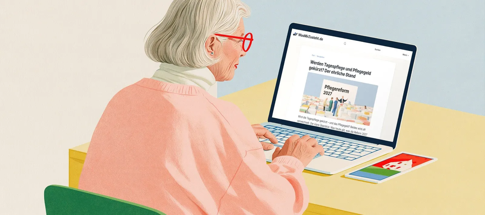 Ältere Frau mit roter Brille sitzt an ihrem Schreibtisch und liest auf dem Laptop einen Artikel auf wasmirzusteht.de.